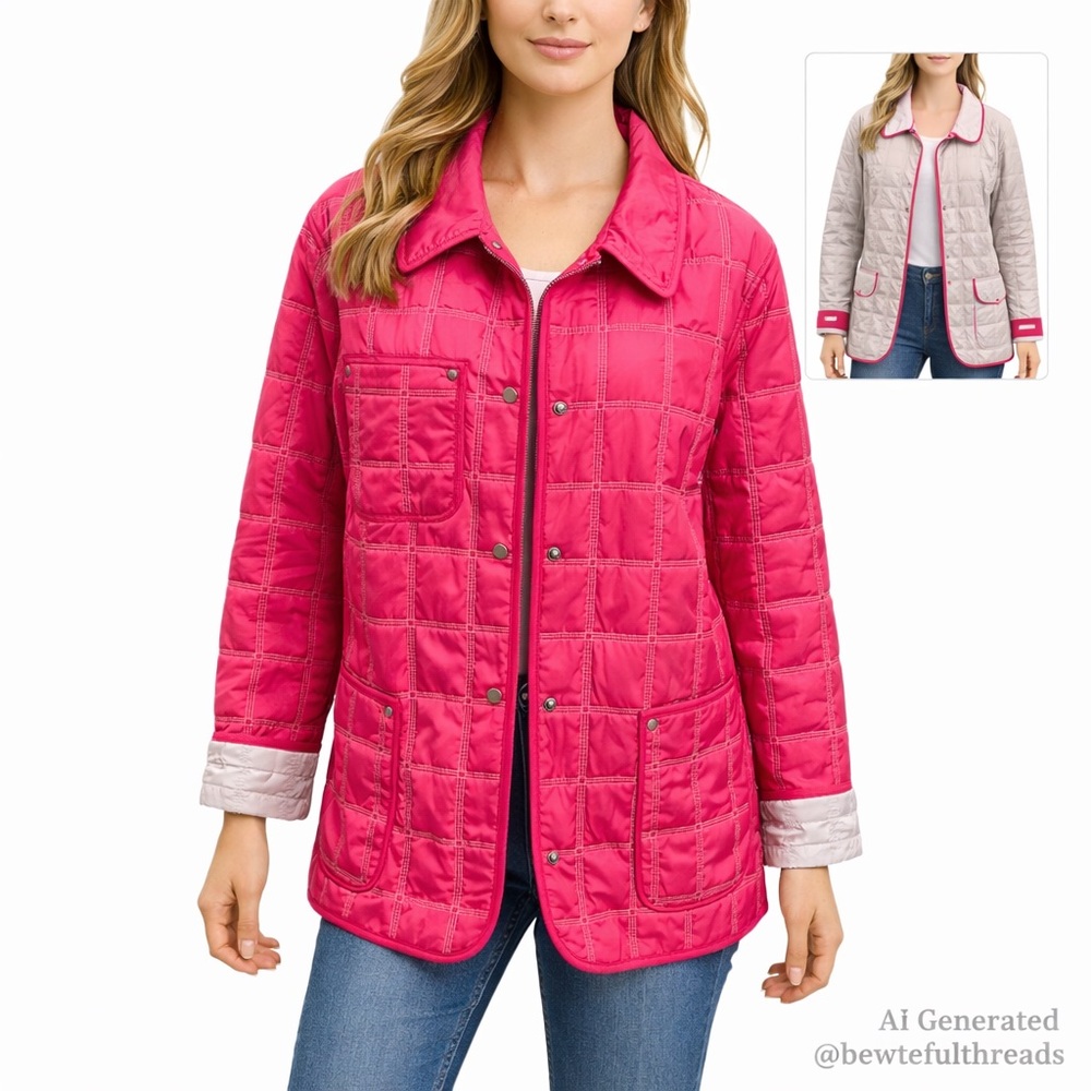 Quilted Reversible Jacket Pink/Taupe L/XL Cottagecore Utility Lightweight Layer